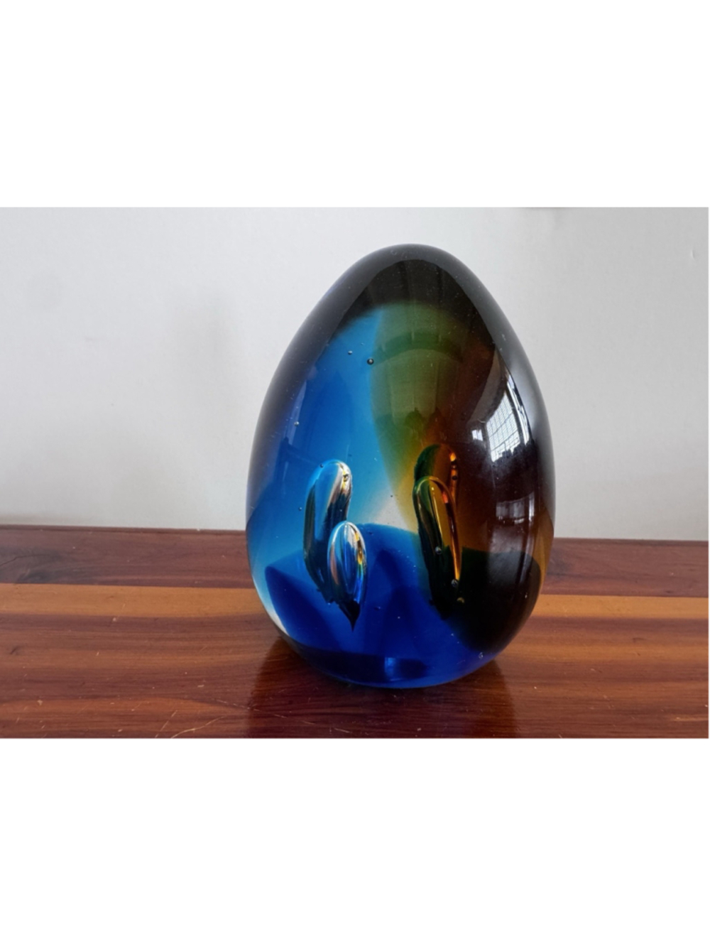 Vintage Studio Art Glass Egg Sculpture Cobalt Blue Amber Heavy Paperweight